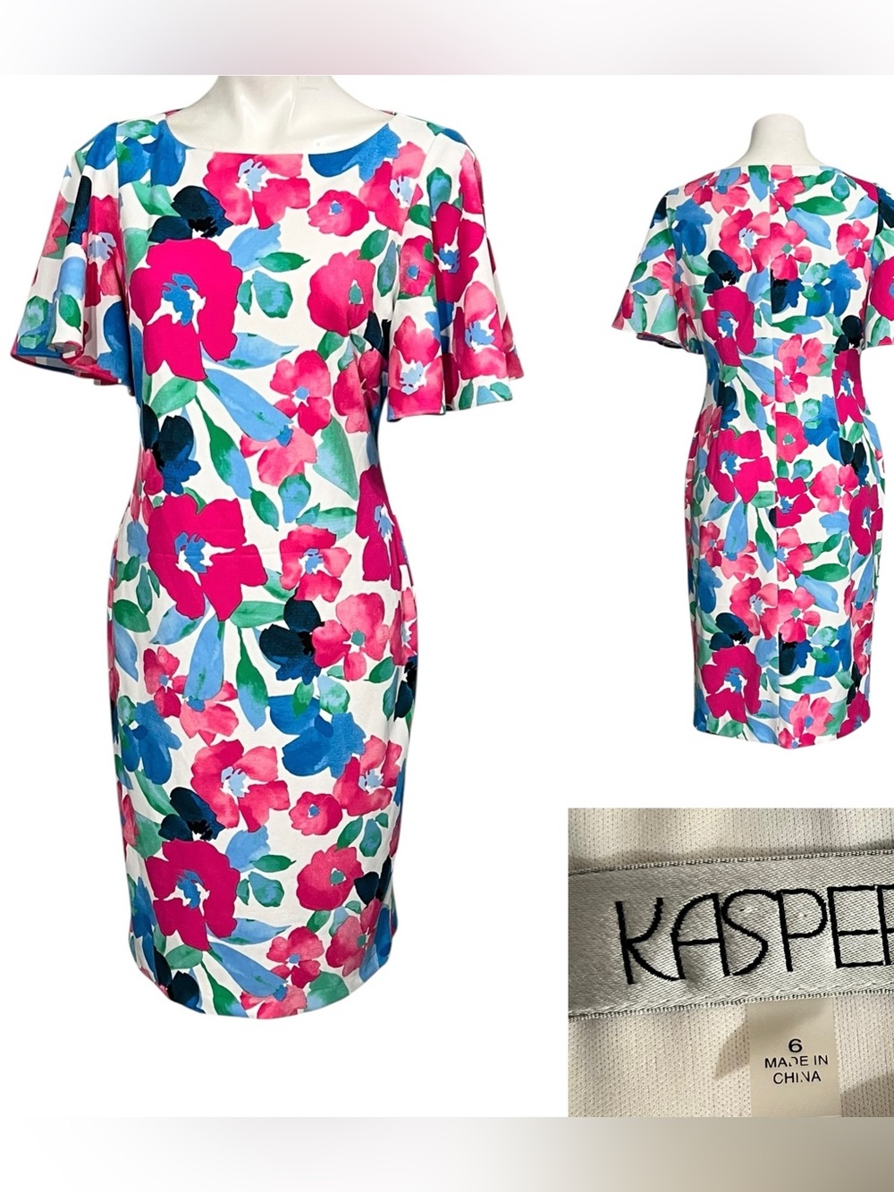 Kasper dress sz 6  Floral‎ Sheath Pink/white short sleeve stretch knee length